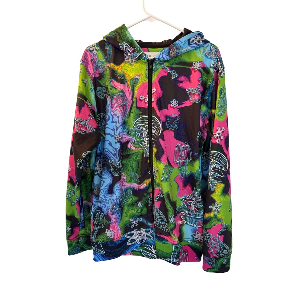 Drip Drop Labs Mens Psychedelic Mushroom Alien Zip Up Hoodie Festival Jacket M